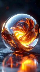 A glowing orb with swirling interior sits on a reflective surface