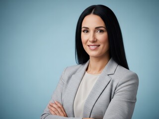 Smiling businesswoman in a gray blazer standing against a blue background