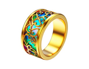 Ornate gold ring with colorful, swirling gemstone inlay
