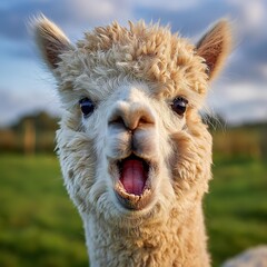 Obraz premium Furry alpaca shows pink tongue and teeth with mouth open wide