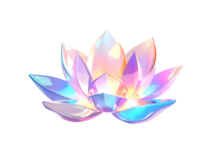 Shimmering gemstone lotus flower, vibrant hues against a black backdrop