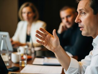 Man presenting to colleagues in a meeting with a tablet on a table