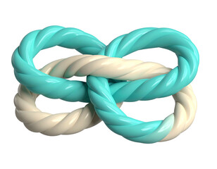 Intertwined, glossy, twisted ropes in a figure eight against black