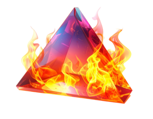 Glowing triangular prism encased in flames, isolated on black background