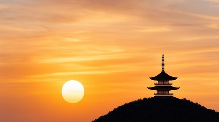 Obraz premium spring Japanese Pagoda Sunset Papercut Silhouette, Zen Landscape Minimalist Mountain Illustration, Pagoda Hilltop Dusk Vector Aesthetic,