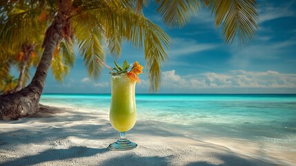 panorama of tropical beach with refreshing cocktail on the white sand