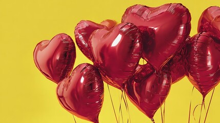 Heart-shaped red balloons floating on yellow backdrop.
