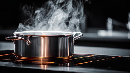 Steaming pot on black background
