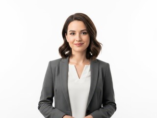 Young woman in a gray blazer isolated on white background looking forward with a gentle smile