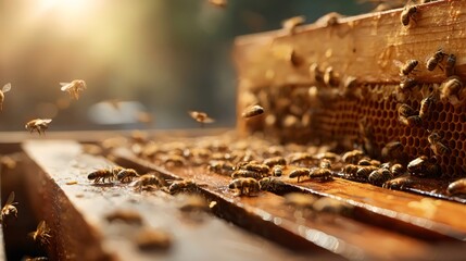 A close-up view of honey bees busy at work collecting nectar and pollen in a sunlit apiary.