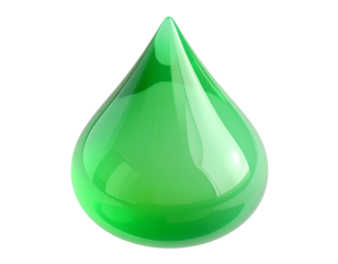 A glossy, emerald green water droplet against a stark black background