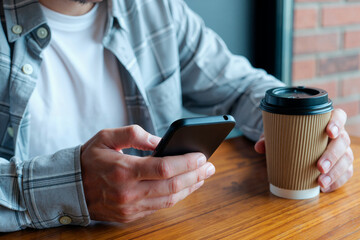 Young adult Caucasian man sitting at table holding smartphone in one hand and disposable coffee cup in other hand, focusing on device screen, wearing casual shirt