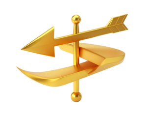 Golden arrow pierces a dollar symbol-shaped object, on a black background