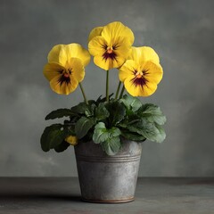 Three yellow pansy flowers in a simple metal pot