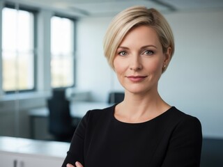 Confident businesswoman with short blonde hair standing in a modern office with a blurred background and a friendly smile
