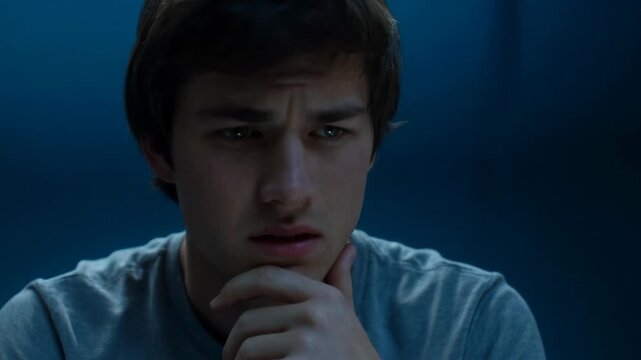 Young man sits in a blue room deep in thought while reflecting on his choices and actions that led him to this moment in his life