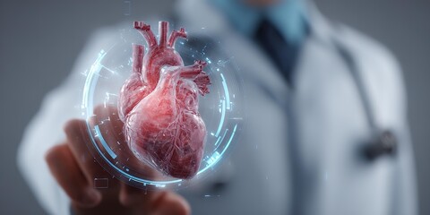 A heart with a red glow and neural network in doctor's hand.