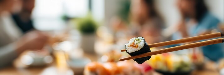 sushi is the main focus on a table in the front of the image in the restaurant
