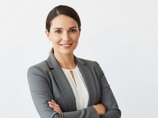 Businesswoman with arms crossed smiling at camera isolated on white background