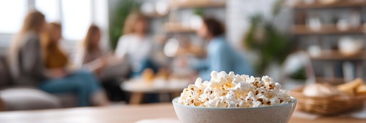 A bowl of popcorn is the main focus on a table in front and a group of people blurred at the back.