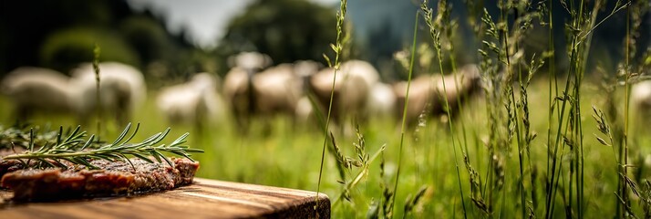Raw meat are on a wooden cutting board in front of a field of grass. The main focus in the front of the image is lamb meat.