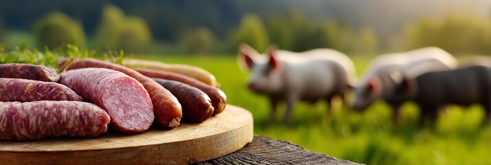 Sausages are on a wooden cutting board in front of a field of grass. The main focus in the front of the image is pork Sausages.