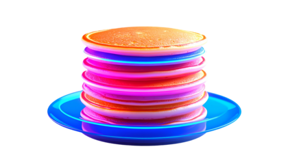 A stack of fluffy, colorful pancakes on a vibrant blue plate