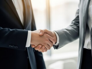 Two business professionals shaking hands in a modern office setting with natural light