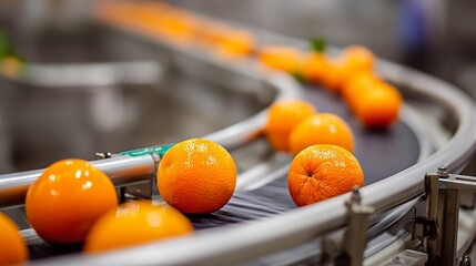 Vibrant fresh oranges travel along curved industrial conveyor