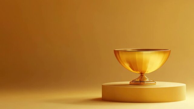 A golden bowl, possibly of religious or cultural importance, sitting on a pedestal. This piece may be a vintage or antique, with an intricate design indicative of skilled artistry.