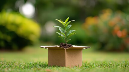 A green sprout plant growing in the carton box
