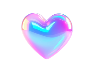 Glossy, iridescent heart, rendered with soft lighting against a black backdrop