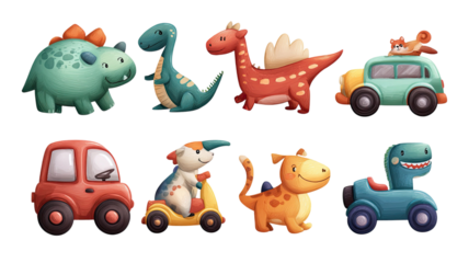 Cute cartoon toy animals and small vehicles colorful illustration set for kids playful characters isolated on white background