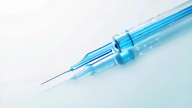 Close-up of a clear syringe with a blue plunger, containing transparent liquid, possibly for medical use.