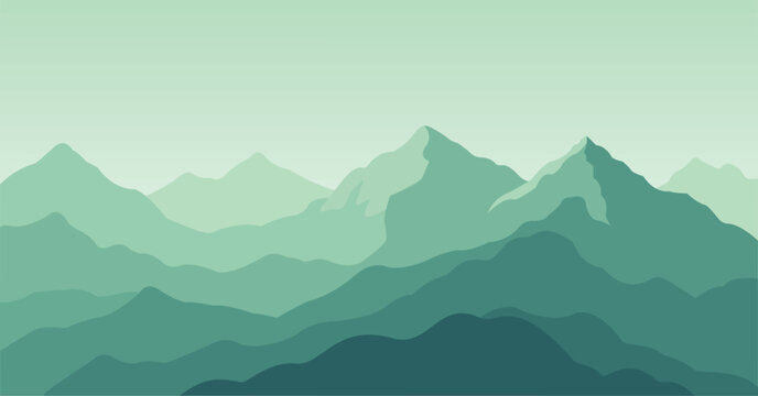 Minimalist Layered Mountain Range Vector Landscape in Monochrome Green.