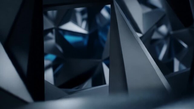 Exploring shapes and textures in a dark geometric space in 3D design with various angles and lighting effects