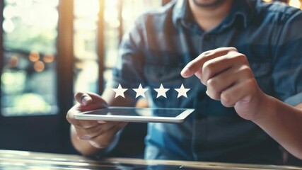 A man rating a meal on a tablet.