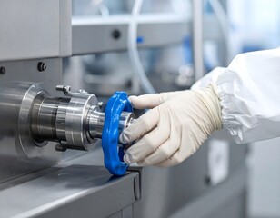 Biotechnology Manufacturing Process With Technician Adjusting Stainless Steel Valve