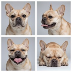 Close-up portraits of a happy French Bulldog in various expressions on a gray background