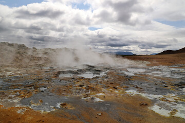 Myvatn geothermal area with its numerous hot springs in the Krafla volcanic system