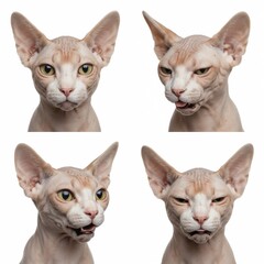 Close-up portraits of a unique Sphynx cat expressing various emotions on a white background