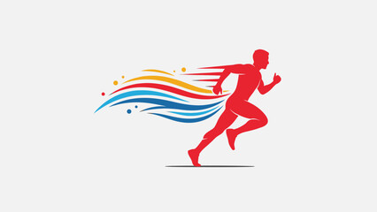 Obraz premium Dynamic red runner silhouette with flowing colorful speed lines, symbolizing progress, energy, and rapid movement on a light grey background.