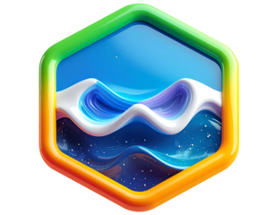 Hexagonal frame with colorful glossy wave design on a dark background