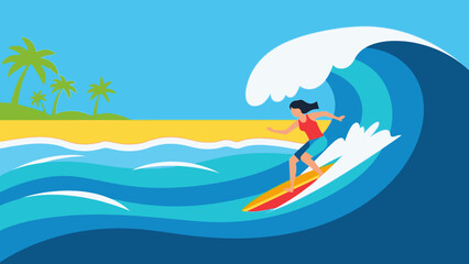 Dynamic illustration of a woman riding a large powerful ocean wave on a surfboard with a tropical beach and palm trees in the background, conveying adventure and excitement. © Suro
