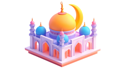Cartoonish, pastel-colored mosque with a crescent moon ornament