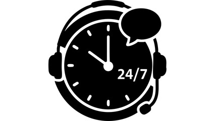 Black and white illustration of an alarm clock with 247 text and speech bubble on a white background with 24 7 and available and service