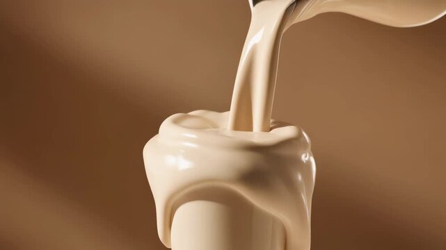 Thick creamy beige liquid pouring and overflowing in slow motion creating luxurious swirls and splashes