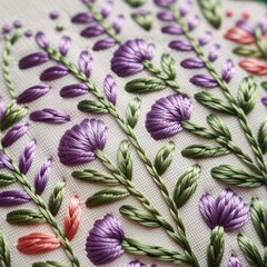 Embroidered purple flowers and green stems on white fabric