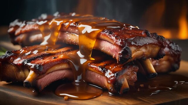 Glazed barbecue ribs stacked on wood board with dripping sauce and smoky background