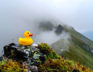 Yellow rubber bird atop mountain. Misty peaks loom in the distance